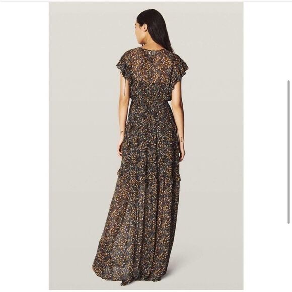 NWT ba&sh Samanta Ruffled Leaf Print Georgette Maxi Dress in Carbone - Picture 5 of 16